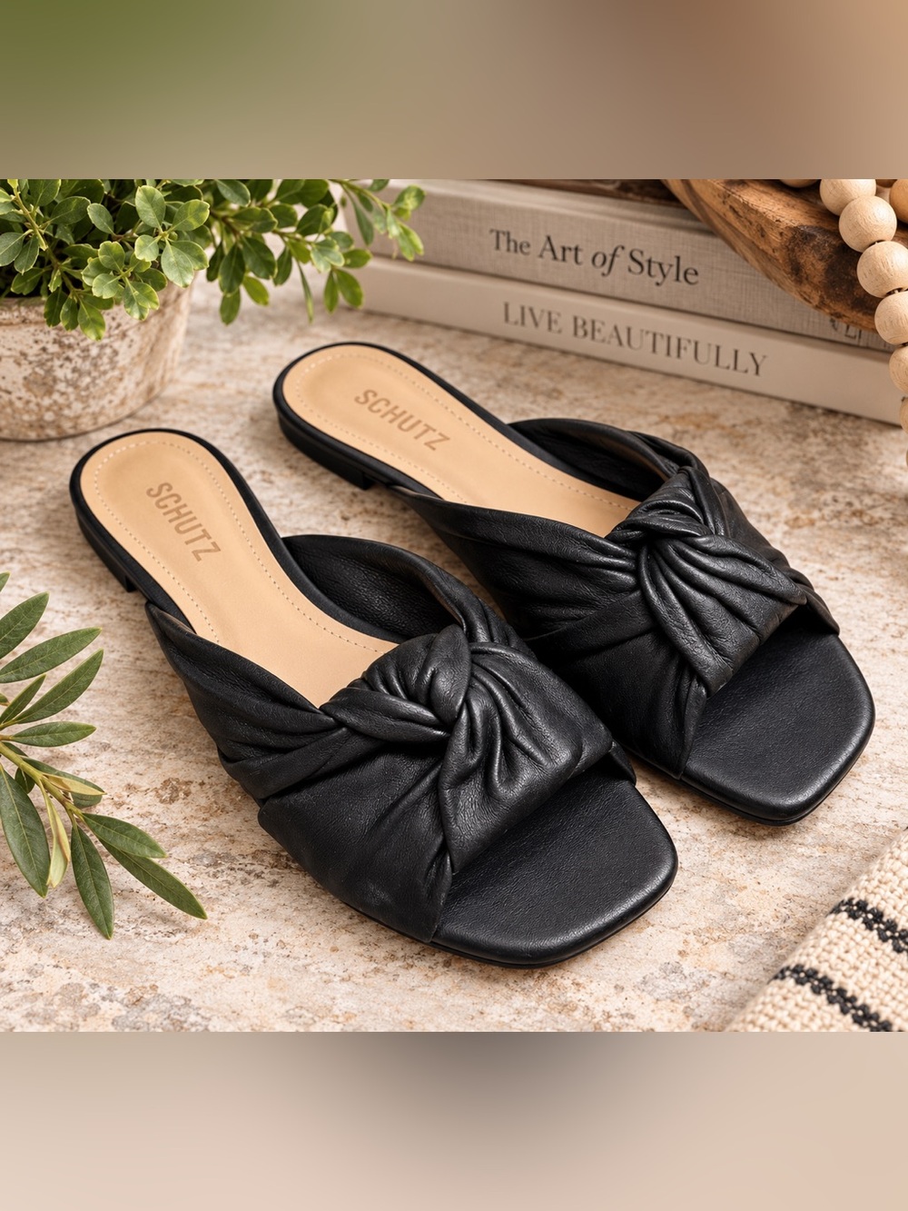 SCHUTZ Black Knotted Bow Slide Sandals Square Toe Slip-On Flat Sandals Size 7.5